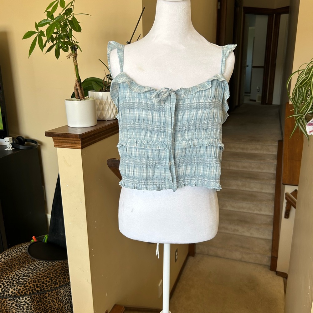 American Eagle Outfitters Light Blue Plaid Ruffled Smocked Crop tank top